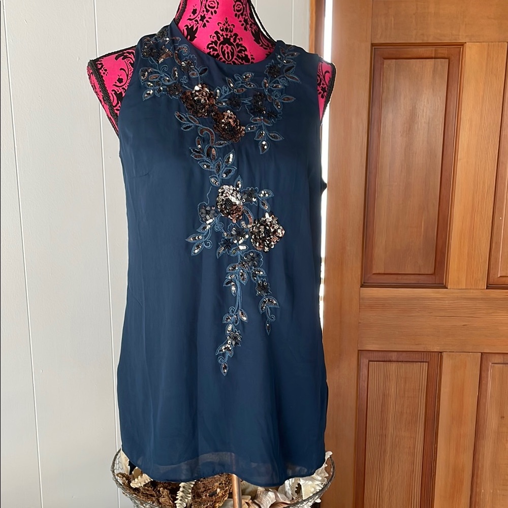 White House Black Market Blue Embellished Sleeveless Tank